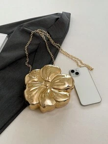 1 pieza Bolso bandolera de unicolor de moda, con decoración de flor de metal, bolso de mano adecuado para bodas, fiestas y ocasiones formales, se puede usar como accesorio, estuche para lápiz labial, monedero, bolsa para joyas, incluye correa de cadena desmontable, un regalo único para ella - Dorado - Ver 4