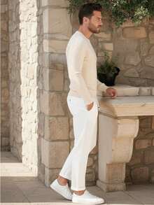 Men's Casual Ribbed Knit Sweater, Crew Neck, Minimalist And Fashionable For Everyday Wear - Off White - View 2