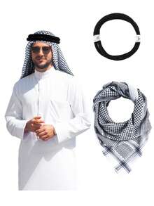 2件装 - 中东阿拉伯迪拜沙特提花波浪图案大号男士头带、头巾、沙漠头带、迪拜阿拉伯户外方巾男士防风颈套！ - 彩色 - 查看 9