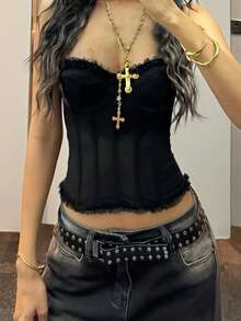 性感蕾丝拼接鱼骨网双层无背无肩带塑形文胸 - 黑色 - 查看 4