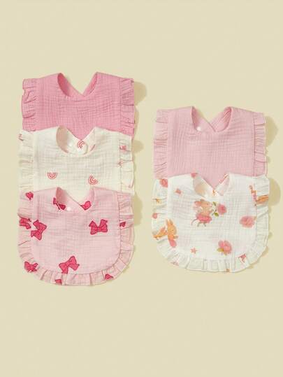 5个/包 柔软舒适的纯色布料可爱卡通熊头围兜，带荷叶边，适合婴儿使用