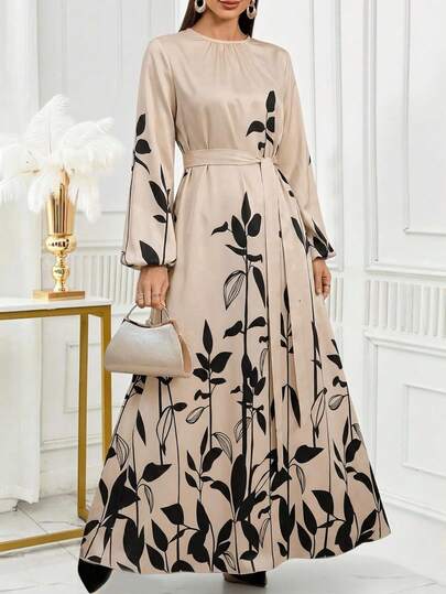 女士圆领树叶印花打结腰身优雅束腰灯笼袖阿拉伯连衣裙，适合约会和外出穿着。