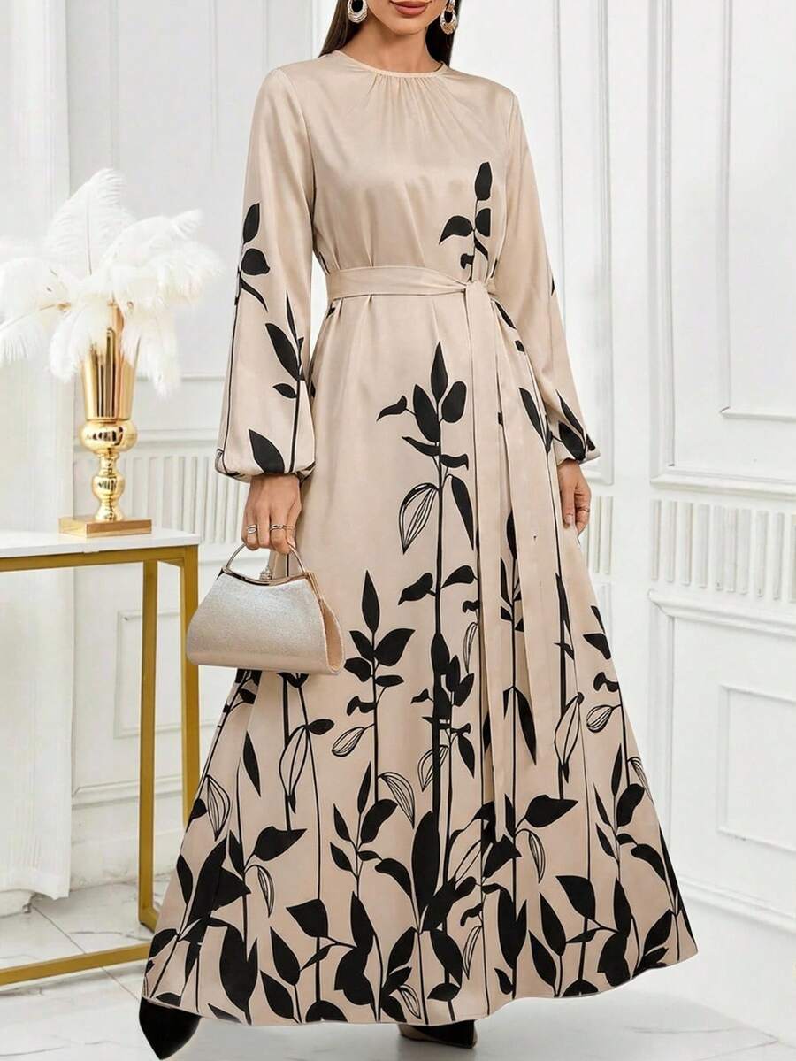 女士圆领树叶印花打结腰身优雅束腰灯笼袖阿拉伯连衣裙，适合约会和外出穿着。