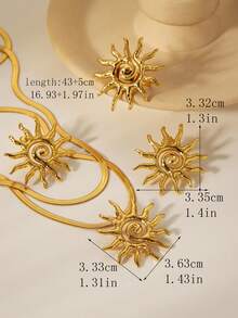 4件套18K镀金不锈钢女士首饰套装，包括纹理圆形太阳和蛇骨链项链、耳环和戒指，波西米亚几何图案首饰套装，适合优雅女士在情人节、派对、约会、送礼、日常佩戴、节日、宴会、旅行、婚礼、订婚、母亲节、送给闺蜜等场合佩戴。 - 金黃色 - 查看 5