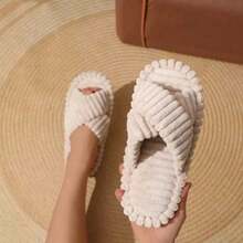 European And American Furry Cross Strap Cotton Slippers For Women Home Skin-Friendly Plush Cotton Slippers For Women - Khaki - View 2