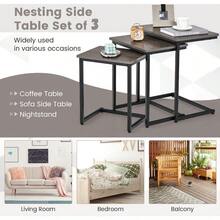 GYMAX Set Of 3 Nesting Tables, Industrial Stackable Coffee Snack Table Laptop Desk, Home Office C-Shaped Side End Table - Grey - View 11