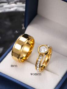 2pcs Fashionable & Elegant Stainless Steel Couple Rings, Featuring Textured Design For Men And Rhinestone Decor For Women, Suitable For Daily Wear, Holidays, Engagements, Weddings (Gift Box Included) - Gold - View 7