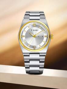 TOMI 男士腕表，配有表冠胸针、戒指、拆卸工具，简约设计，圆形表盘镶嵌钻石，锌合金表带，石英机芯，礼盒包装，适合日常生活、商务场合、父亲节、情人节、圣诞节等场合佩戴。 - 銀色 - 查看 1