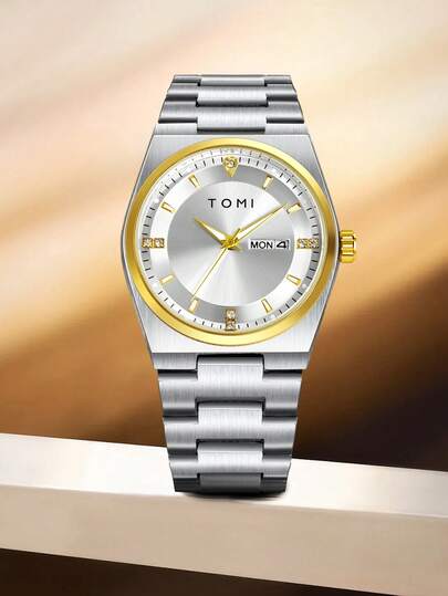  TOMI Men's Watch With Crown Brooch, Ring, Disassembly Tool, Minimalist Design, Round Dial With Diamonds, Zinc Alloy Strap, Quartz Movement, Gift Box, Suitable For Daily Life, Business Events, Father's Day, Valentine's Day, Christmas,