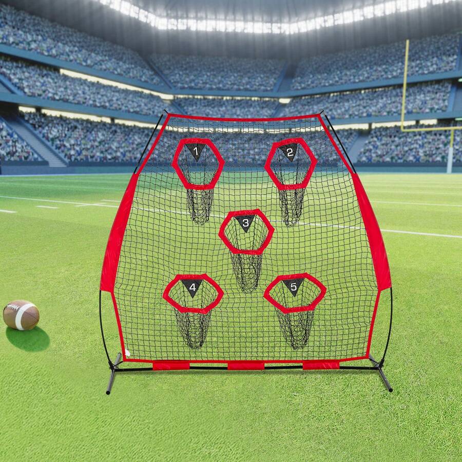 7 X 7 Ft Football Trainer Throwing Net, Training Throwing Target Practice Net With 5 Target Pockets, Knotless Net Includes Straps And Portable Carry Case, Improve QB Throwing Accuracy, Red - 7*7 Ft 5-hole Red - View 1