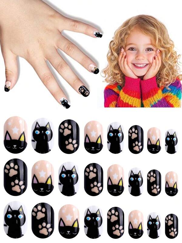 NAIO 24Pcs Press On Nails For Kids, 1 Pack Kid Fake Nail Multi-Color, Black Cat, Cat Paws And Star Elements, For Kids Pre Glue Stickers Nails Full Cover Small Nail Tips For Girls Gifts For Children Little Girl Birthday, Parties & Makeovers Decoration Nail Supplies