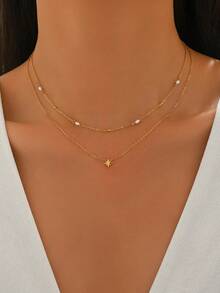 1pc Fashionable Double-Layer Hexagram Rhinestone & Pearl Stainless Steel Necklace, 18K Gold Plated Versatile Elegant Choker, Suitable Gift For Women, Valentine's Day, Mother's Day - Silver - View 1