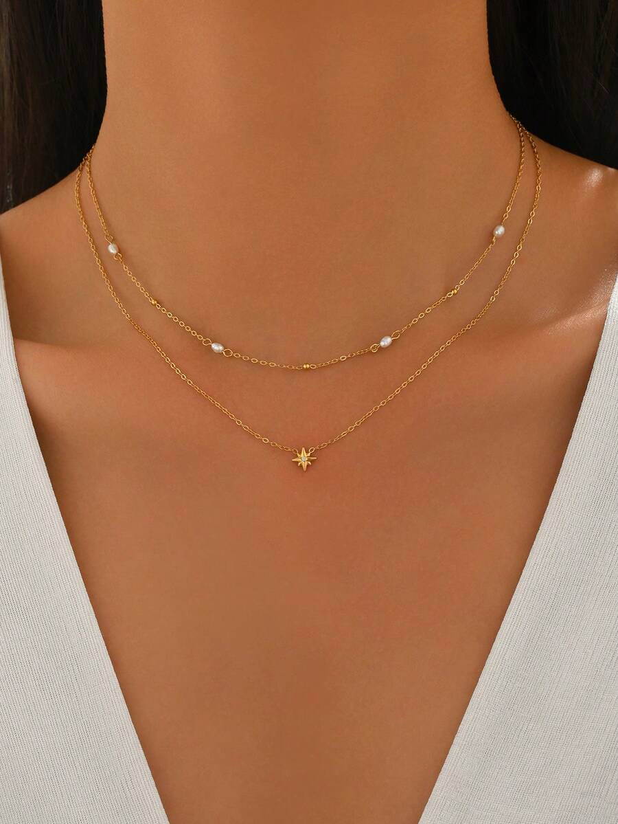 1pc Fashionable Double-Layer Hexagram Rhinestone & Pearl Stainless Steel Necklace, 18K Gold Plated Versatile Elegant Choker, Suitable Gift For Women, Valentine's Day, Mother's Day - Silver - View 1