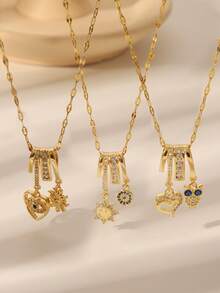 Gold-Tone Cute Pendant Necklace - Heart/Owl/Smiling Face Rhinestone Jewelry, Suitable For Women's Everyday/Casual Wear - Gold - View 1