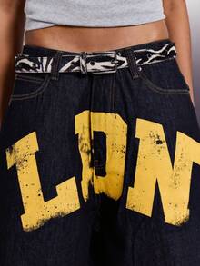 Women's Street Style Printed Straight-Leg Jeans, FOG-Inspired Loose-Fit Denim Pants For Streetwear, Daily Casual & Urban Outfits - 黑色 - 查看 3