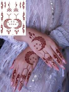 3张全手花卉图案设计，棕红色酒红色性感脚趾手指手部纹身贴纸，女士花卉海娜纹身贴纸，防水花卉贴纸，棕色纹身贴纸，女士人体艺术贴纸，婚礼派对月亮棕红色纹身贴纸 - 紅色 - 查看 2