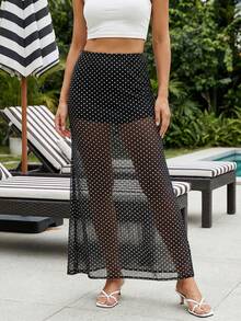 Women's Summer Sheer Mesh Skirt Low Waist Dot Print Long Skirt For Travel, Beach, Shopping - 黑色 - 查看 2