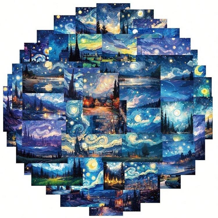50pcs Van Gogh Oil Painting Stickers Vinyl Waterproof Stickers For Scrapbook,Journaling,Laptop,Bumper,Skateboard,Water Bottles,Computer,Phone,Cartoon,Hard Hat,Car Stickers And Decals, Perfect For Winter, New Year - 梵谷油畫貼紙 - 查看 1