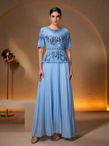 Elegant 2 In 1 Dress, Embellished With Pearls, Sequins And Embroidery, Suitable For Banquet, Party, Holiday And Other Occasions - Sky Blue - View 1