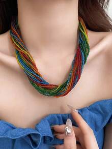 1pc Bohemian Multi-Layer Beaded Necklace, Fashionable Collarbone Chain, Retro Luxurious Elegant Necklace Accessory - Multicolor - View 4