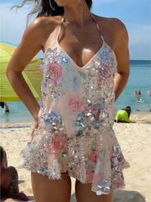 Women's Summer Sequin Camisole Floral Print Spaghetti Strap V-Neck Mesh Tank Tops Streetwear - 粉色 - 查看 1