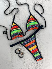 夏季泳装度假系列，几何印花挂脖三角比基尼系带高衩两件套，性感修身女士泳装，系带比基尼套装，异域印花比基尼，沙滩度假时尚泳衣套装 - 彩色 - 查看 6