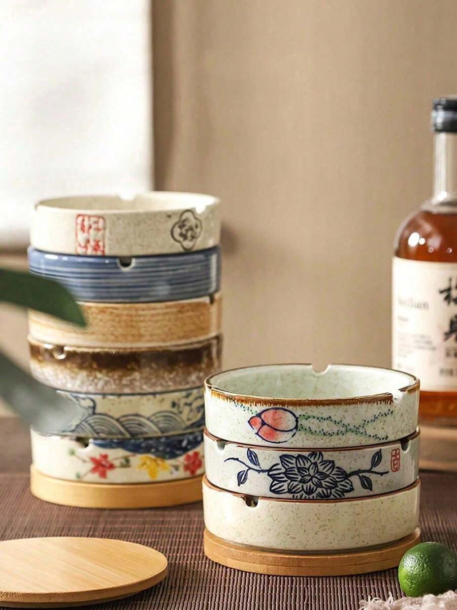 新款陶瓷墨洗烟灰缸,配竹盖,圆尾设计防止烟灰飞溅,复古茶室风格,创意十足,厚实耐用,易于清洁,高端日式风格,适用于家居客厅、酒店餐厅及户外厨房装饰。 - 彩色 - 查看 1