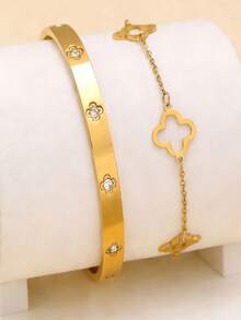 复古风格高档不锈钢锆石花朵女士珠宝手链套装，适合日常佩戴