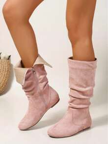 [Comfortable Boots] Elegant Women's Knee-High Boots With Bow Details - Square Toe, Low Chunky Heel, Lace-Up, Faux Cap And Rubber Sole, Available In White, Black, And Red. Fashionable Lace-Up Dress Boots, Lightweight Sneakers For Girls And Students For Halloween Decorations, Suitable For Attending Proms And Everyday Travel Boots. - Hồng - Xem 5
