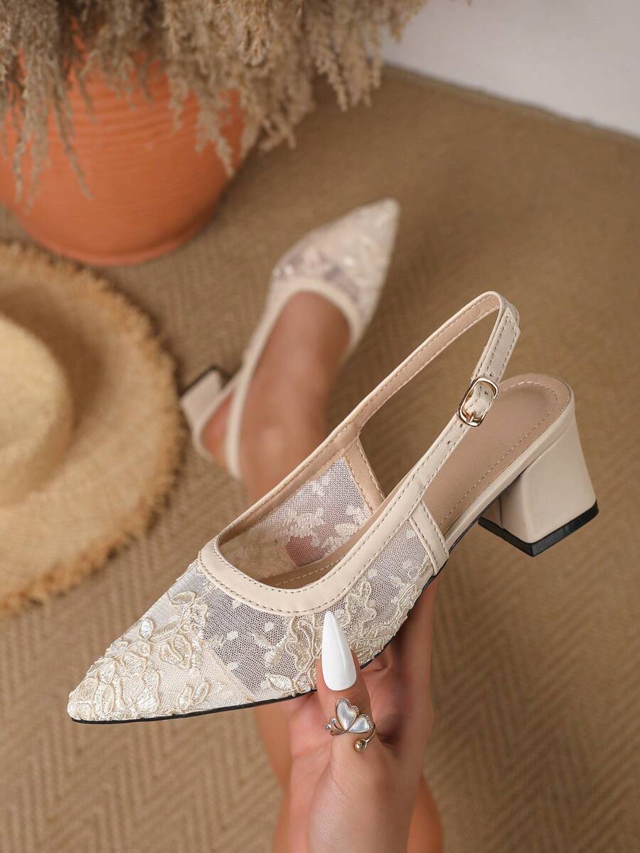 Spring/Summer New Apricot Embroidered Lace Mesh Pointed Toe High Heel, Pointed Toe High Heel Backstrap Comfortable Slingback Women's Shoes, Weddings