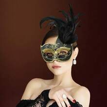 Coddsmz Women Feather Masquerade Mask Venetian Party Mask Mardi Gras Masks Princess Fancy Dress Mask Halloween Costume Mask - Black - 查看 4