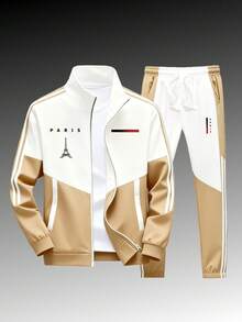 The Universal Parisian Sportswear Set For Both Men And Women - A Casual Sports Jacket And Sports Pants, Suitable For All Seasons For Gym And Casual Wear, With Geometric Pattern Design, Stand-Up Collar, Zipper Jacket, Regular Size Pockets And Zipper For Spring, Summer And Autumn. - 卡其色 - 查看 3