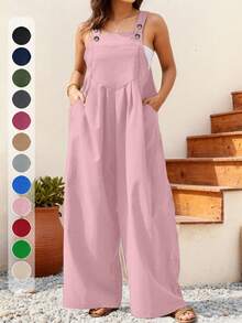 Plus Size Women's Sleeveless Wide Leg Jumpsuit With Pockets, Loose Casual Solid Color, Suitable For Autumn/Winter, Valentine's Day - Pink - View 1