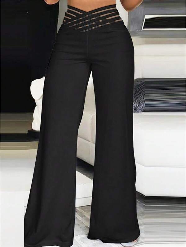 Pantalones de Mujer High Waist Hollowed Cutout Wide Leg Palazzo Pants Flared Trousers Elegant Work Office Streetwear Summer Fall Y2K Loose Fit