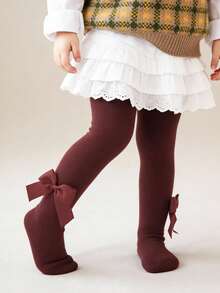 1 Pair Cotton Bow Decor Baby Tights, Infant Stirrup Leggings - Red - View 5