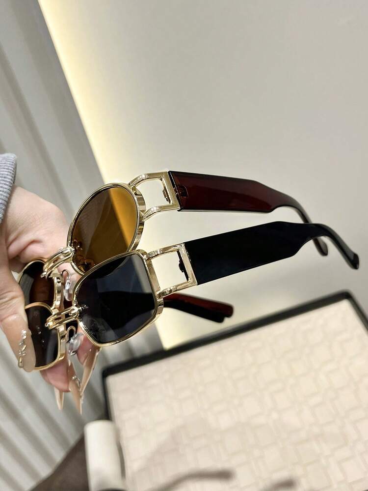 2pcs Women's Metal Full Frame Rhinestone Decor Exaggerated Fashion Lively Party Glasses, Suitable For Street Style, Party, Vacation, Women's Gift, Banquet, Outdoor Occasions, Fashionable Accessory - 2pcs Golden Tea Gray Combination - View 3