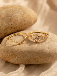 2件套女士时尚铜锆石戒指套装，高端可叠戴戒指套装，适合日常佩戴