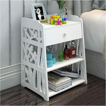 1pc Nightstand Bedroom Bedside Table, Sofa Bec Side Drawers Storage Table Shelf Rack, White Hollowed-Out Carved Bedside Cabinet Organizer Storage Wood-Plastic Design