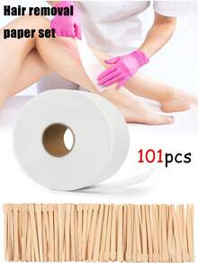 101件套脱毛套装 - 木质脱毛蜡棒和脱毛蜡纸，适用于身体和面部脱毛，一次性美容脱毛纸，脱毛蜡纸，蜂蜡使肌肤光滑，美容工具，脱毛工具套装 - 彩色 - 查看 2
