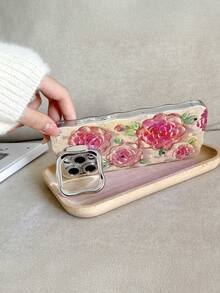 Minimalist Fashion Blue Light Oil Painting Flower Lens Stand Phone Case Compatible With IPhone 16 15 14 13 12 11 - Pink - View 2