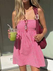 1pc Plaid Casual Vacation Backless Tube Dress Summer Elegant - Red - View 4