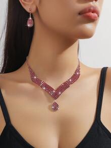 Rhinestone Water Drop Charm Necklace&Drop Earrings&Bracelet White, Red, Black - White 8307 - View 8