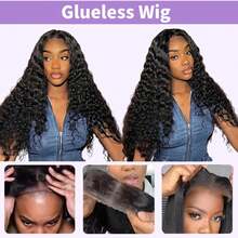 无胶假发，真人发，预先拔毛，预先剪裁，6x5高清蕾丝闭合，即戴即走，深波浪卷曲蕾丝前假发，适合，湿润波浪自然发际线（22英寸） - Natural Black - 查看 8