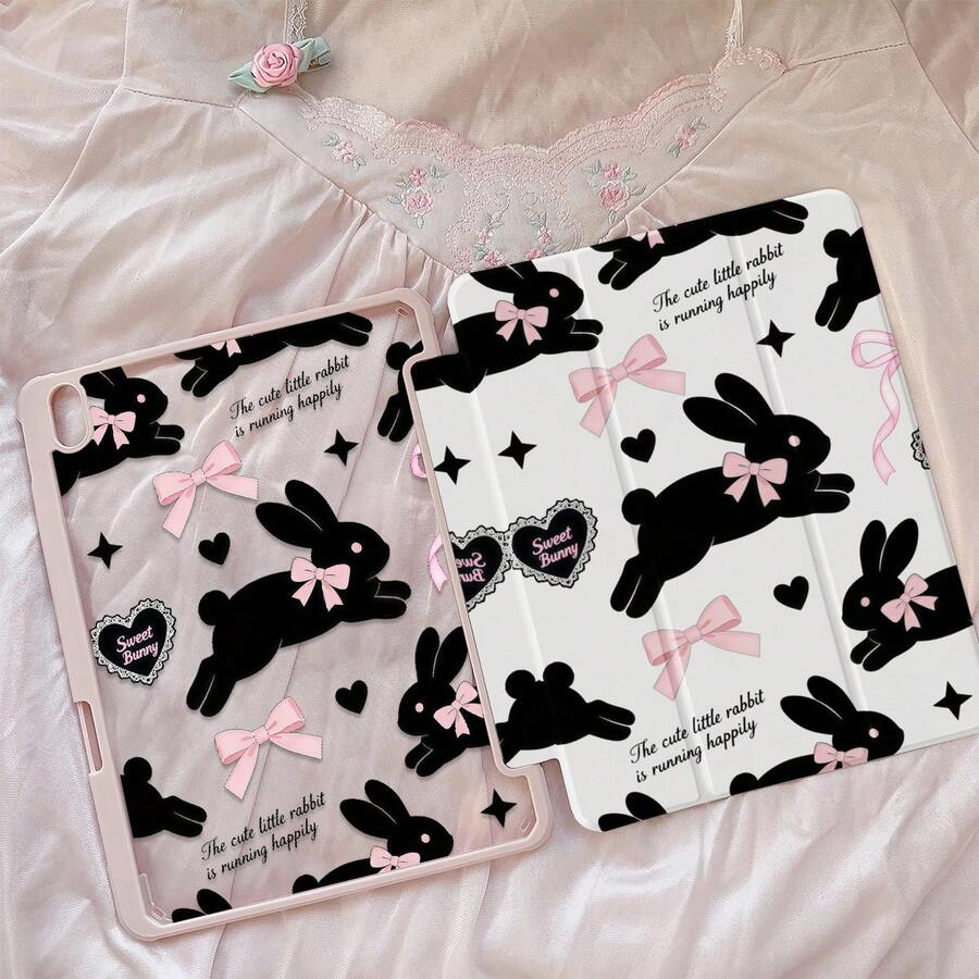 A Cute Cartoon Anime Pink Bow Letter Heart Rabbit Pattern Double-Sided Acrylic Transparent Crystal Back Cover, Shock-Proof, Suitable For IPad 7th, 8th, 10th Generation (10.2 Inch), Built-In Pencil Slot, Support Sleep/Wake Function, Ideal Christmas And New Year Gift - Multicolor - View 1