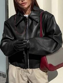 Black Edgy Biker Casual Loose Long Sleeve Leather Jacket For Women, Autumn/Winter Fall Cloth For Women - màu đen - Xem 2