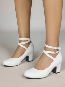 2026 Women's Solid Color Minimalist American Style Woven Vacation Slip-On Lace-Up Mary Jane High Heel Round Toe Party Pumps - White - View 4