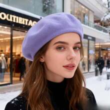 1 pieza Boina vintage elegante, gorra de artista de punto de lana de unicolor, suave y cómoda, ajuste elástico, estilo clásico, elemento de moda versátil para primavera/otoño, gorra plana de estilo francés de unicolor adecuada para uso casual y de fiesta - boina de color sólido - Ver 5
