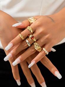 Gold-Plated Ring Set, Bold And Modern Style For A Striking Look. - 金色 - 查看 1