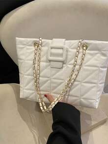 1pc Quilted Snap Closure PU Solid Color Handbag, New Vintage Soft Bag, Fashion Patchwork Underarm Bag, Relaxed Vibe, Large Capacity, Commute, Casual, Office, Work, Business, Date, Shopping, Suitable For Girlfriend, Best Friend, Women's Daily Use - White - View 8