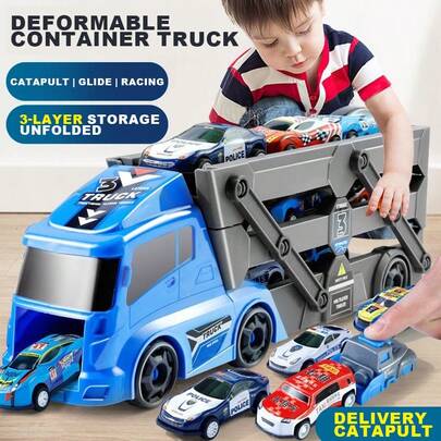 一套变形卡车发射器玩具套装，包含3/6辆迷你小车、可折叠滑梯、可变形设计、ABS材质，儿童派对礼物，生日、圣诞节、复活节礼物，也适合万圣节、圣诞节活动、派对用品